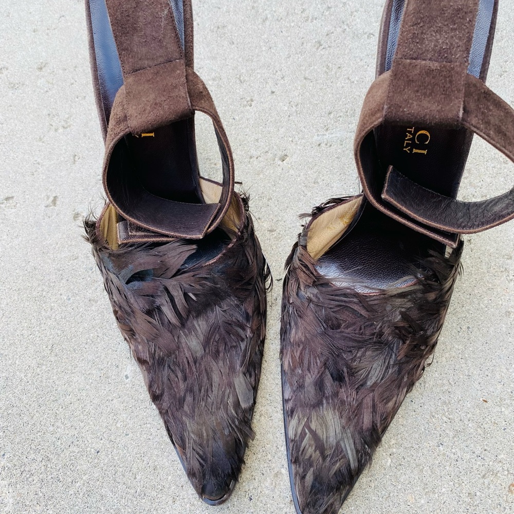 Gucci Brown Feather Pointed-Toe Slingback Heels